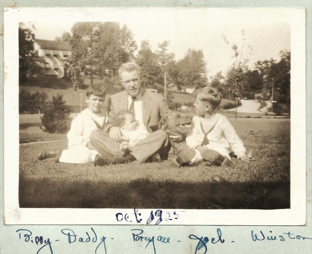 WGB with his three sons, Billy, Baby Bryan, Winston and dog, Jock, Oct. 1925
